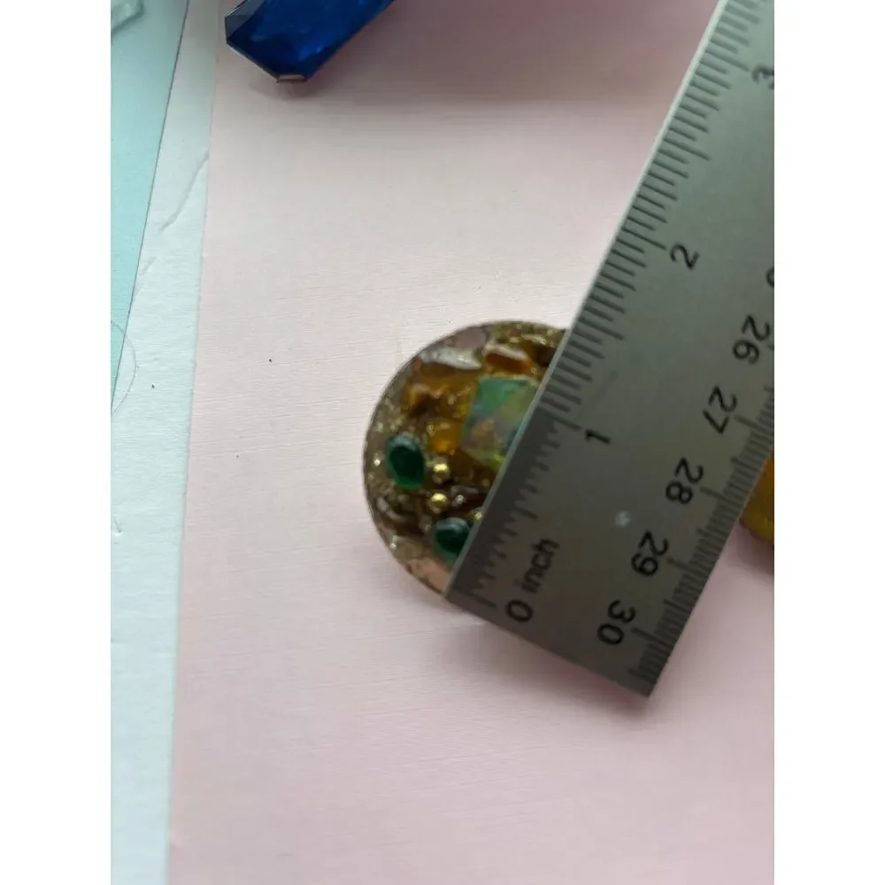 Vintage Big Button Gold Metallic & Green Crystals Earrings 1980